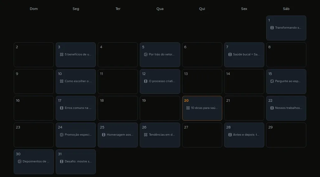 Calendário do ady com os posts do mês